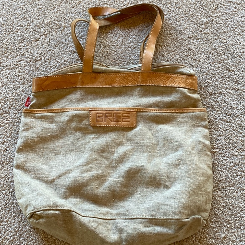 BREE Natural Leather Linen Bag, vintage made in Germany, 18x14x6